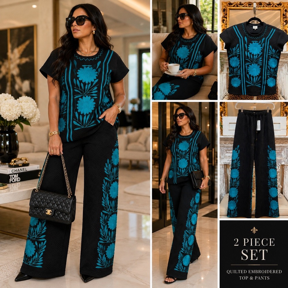 Layerz Clothing 2 Piece Set Quilted Embroidered Top & Wide Leg Pants Black Teal
